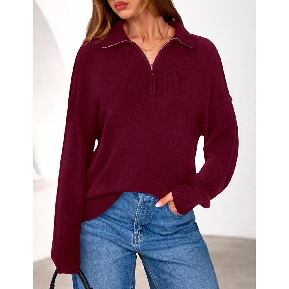 Women's V Neck Quarter Zip Sweater Fall Long Sleeve Collared Business Casual - Picture 8 of 8